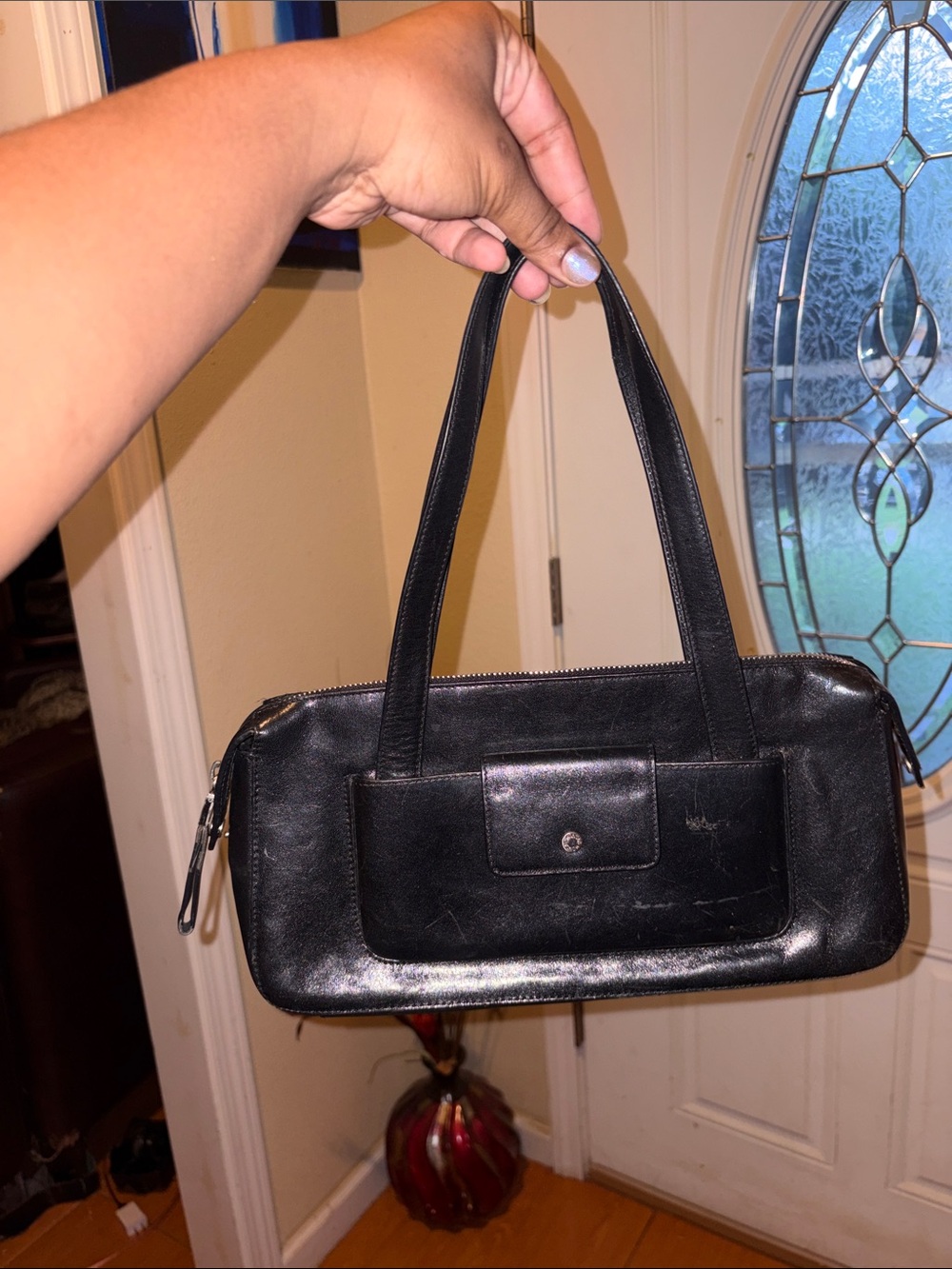 Monsac Black Leather Shoulder Bag with Front Pocket